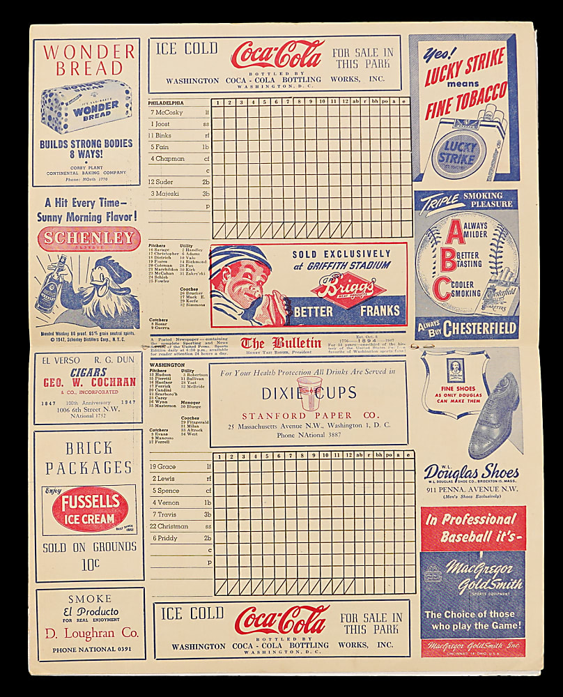 1947 Cecil Travis Signed Testimonial Game Official Scorecard - JSA COA