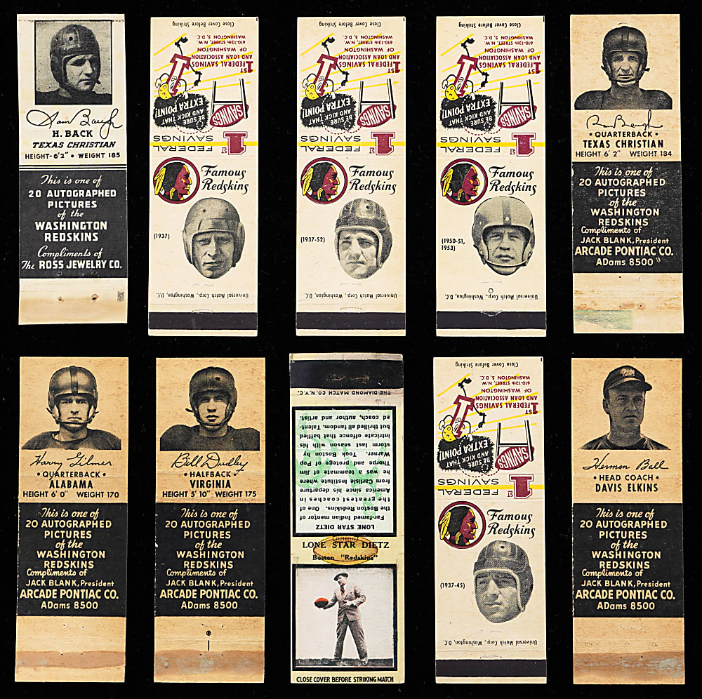1934-1959 Washington Redskins Matchbook Cover Collection (54) with Tough 1934 Diamond Lone Star Dietz, (3) Sammy Baugh & 1958 Complete Set
