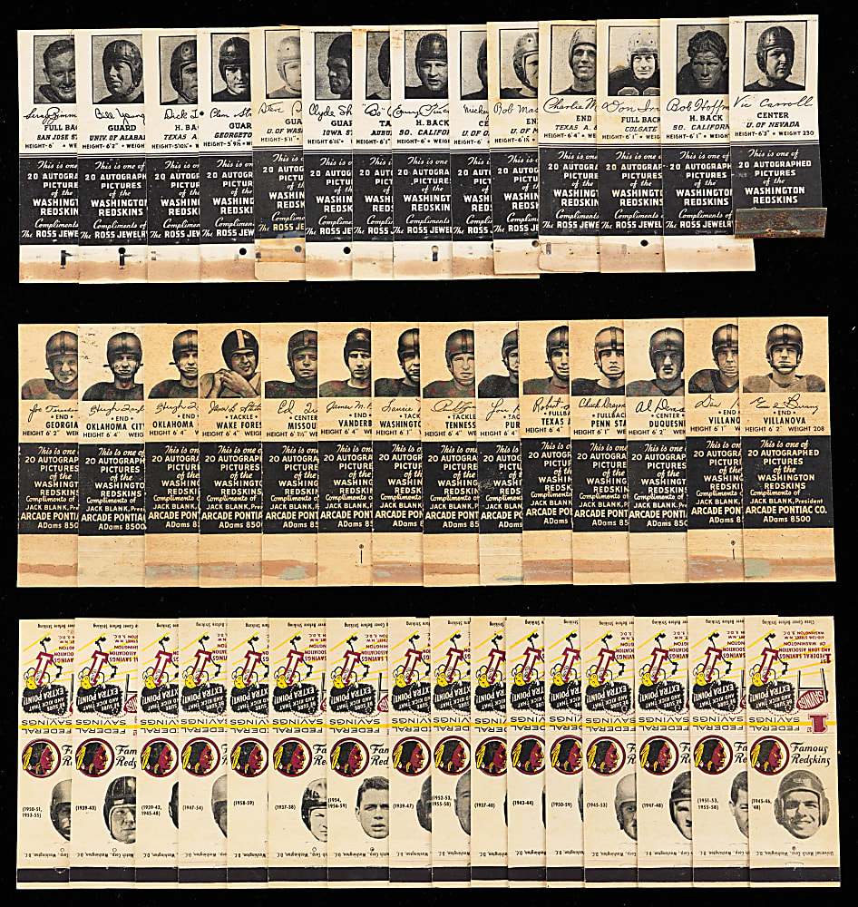 1934-1959 Washington Redskins Matchbook Cover Collection (54) with Tough 1934 Diamond Lone Star Dietz, (3) Sammy Baugh & 1958 Complete Set