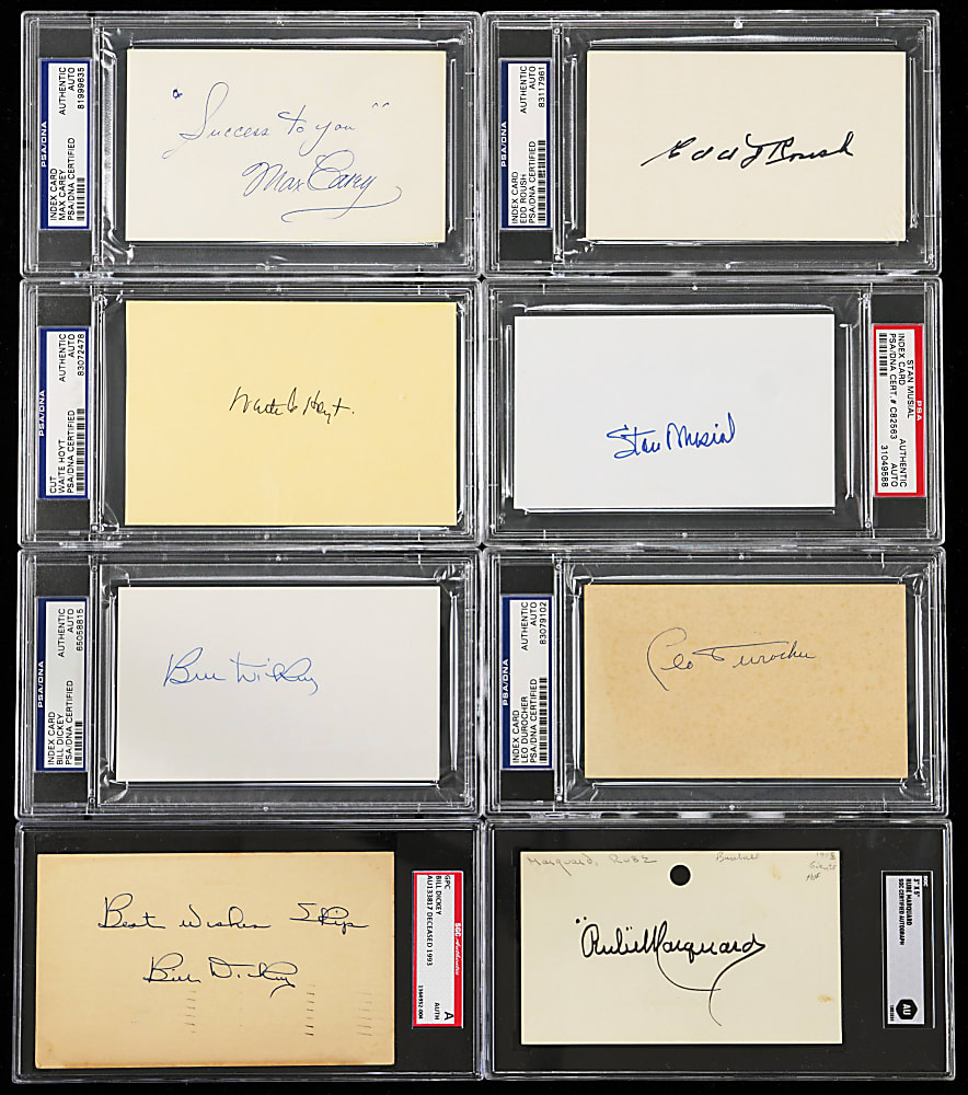 Hall of Famer Signed Index Card Collection (17) with (2) Dickey, Durocher & Musial - PSA/DNA - SGC Certified