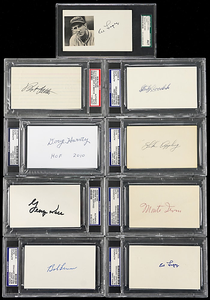 Hall of Famer Signed Index Card Collection (17) with (2) Dickey, Durocher & Musial - PSA/DNA - SGC Certified