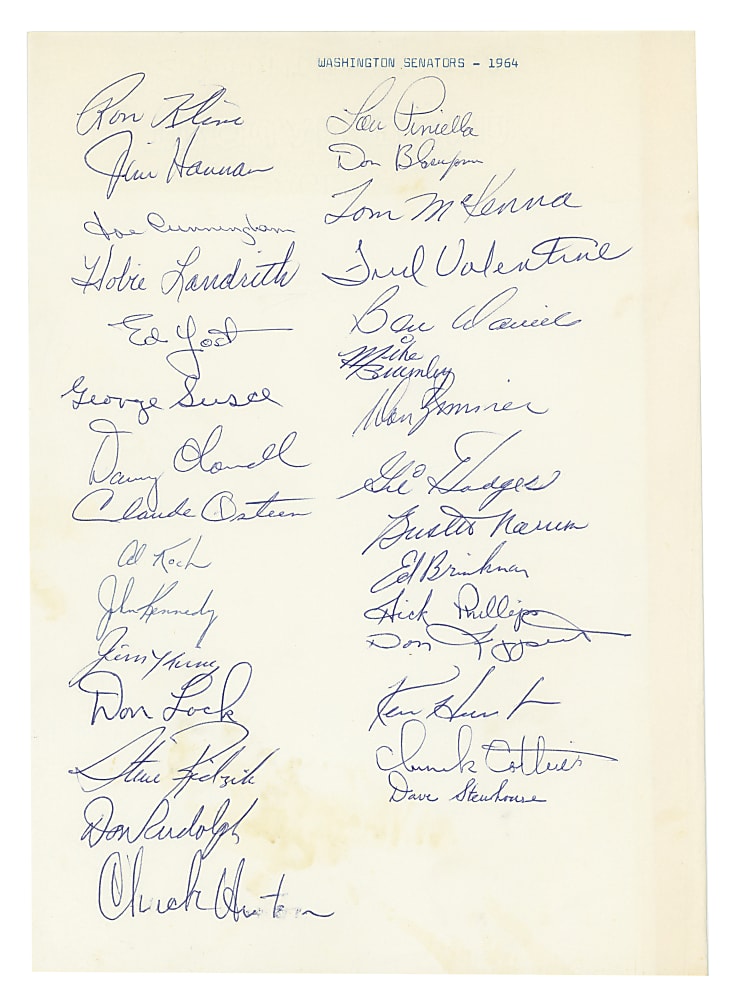 1964 Washington Senators Team-Signed Sheet (30) Including Gil Hodges, Lou Piniella & Danny O'Connell