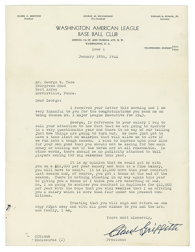 1944 Clark Griffith Signed Typed Letter Signed To George W. Case On Washington Base Ball Club Letterhead