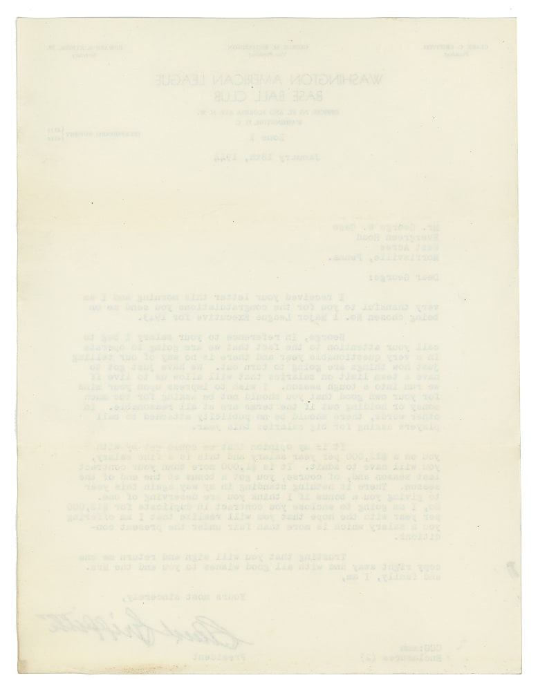 1944 Clark Griffith Signed Typed Letter Signed To George W. Case On Washington Base Ball Club Letterhead