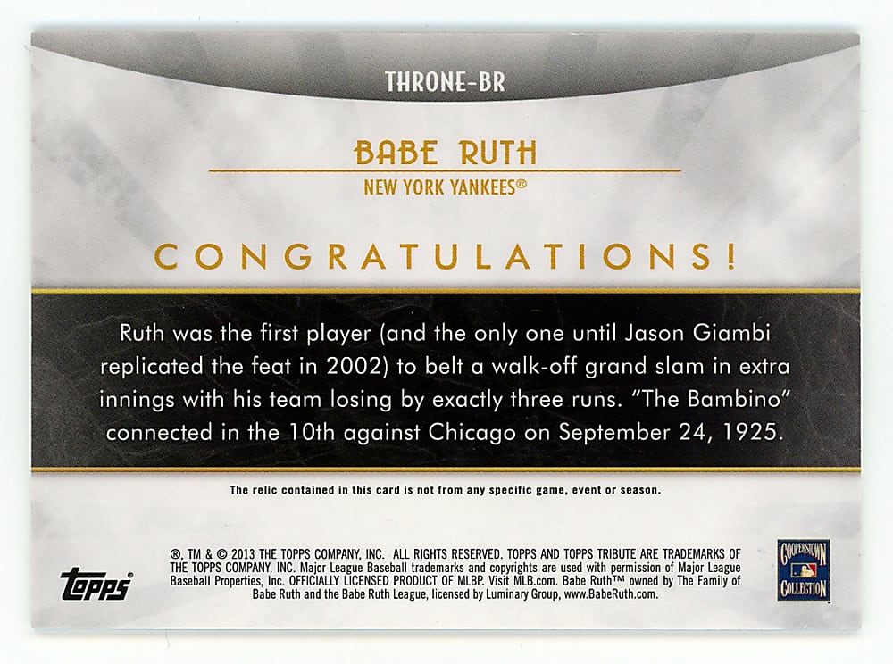 2013 Topps Tribute to the Throne Babe Ruth Relic Red Parallel #5/10