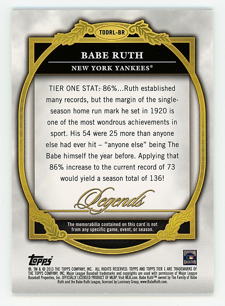2013 Topps Tier One Babe Ruth Double Relic Legends #25/25