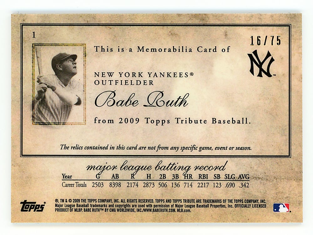 2009 Topps Tribute #1 Babe Ruth Double Relic Blue Parallel #/75