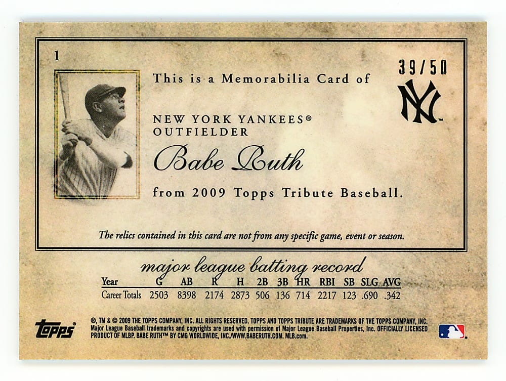 2009 Topps Tribute #1 Babe Ruth Double Relic Black Parallel #/50