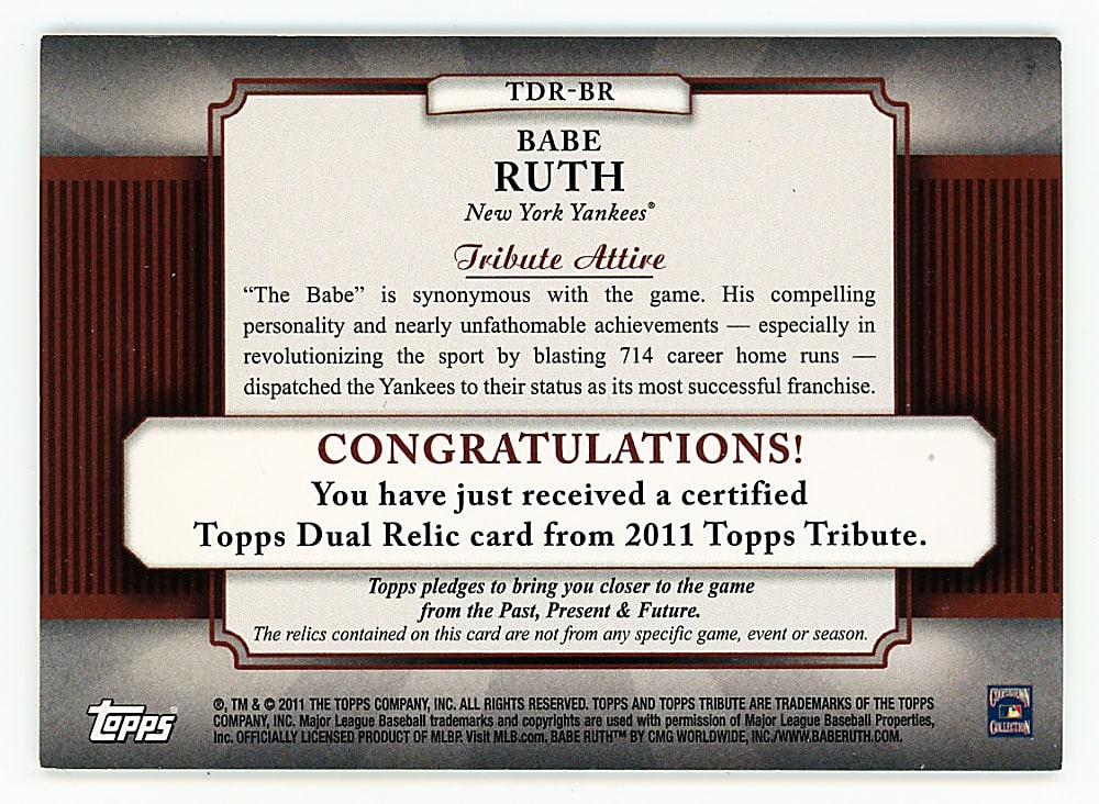 2011 Topps Tribute Babe Ruth Double Pinstripe Jersey Relic Black Parallel #3/5 - Matches Jersey Number!