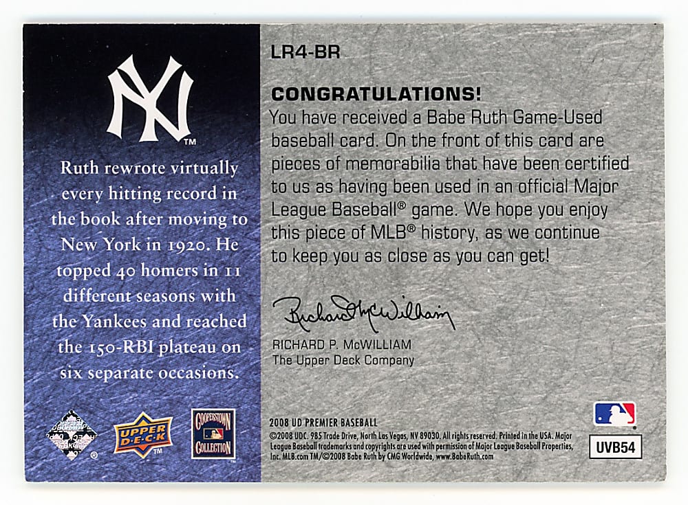 2008 UD Premier Babe Ruth Legendary Remnants Quad Game-Used Bat #1/10