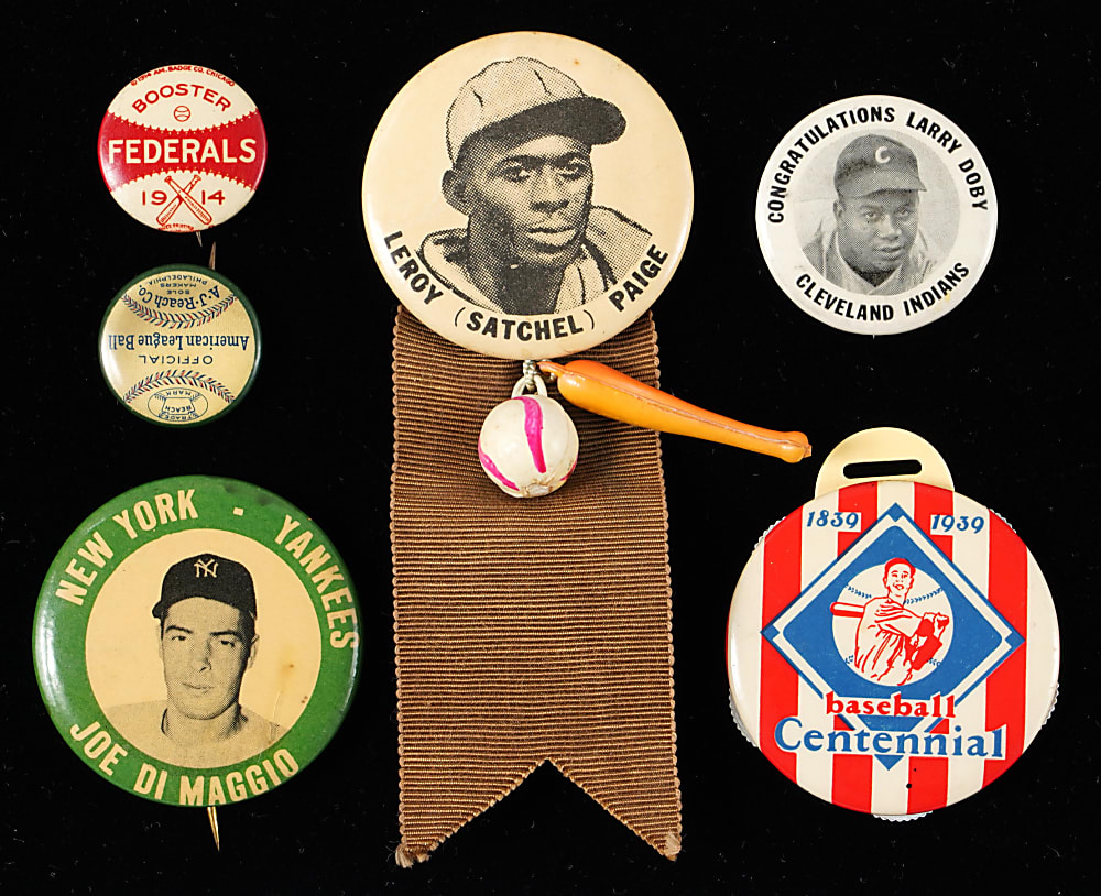1900s-1950s Baseball Pin and Scorer Collection (6) with Joe DiMaggio, Satchel Paige, Chicago Federals & Centennial