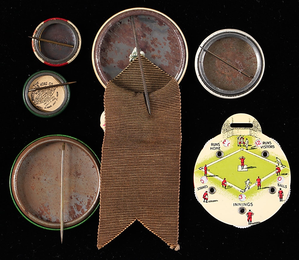 1900s-1950s Baseball Pin and Scorer Collection (6) with Joe DiMaggio, Satchel Paige, Chicago Federals & Centennial