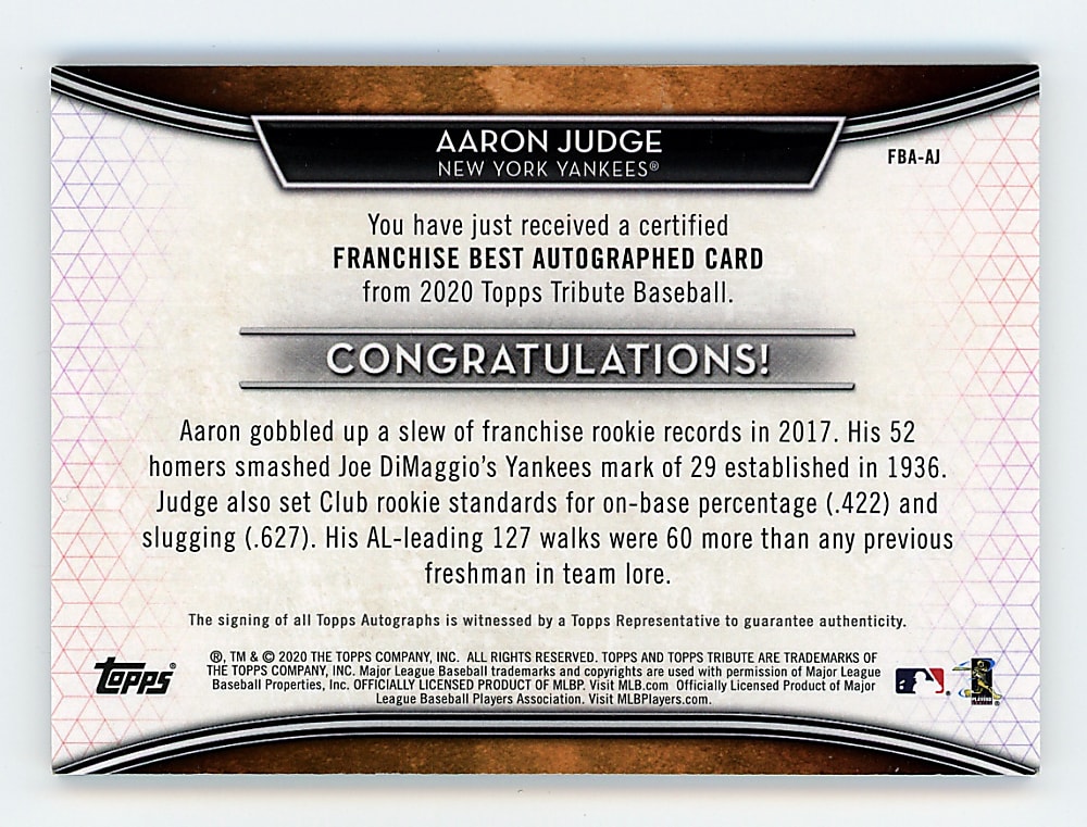 2020 Topps Tribute Franchise Best Aaron Judge Certified Autograph #05/15