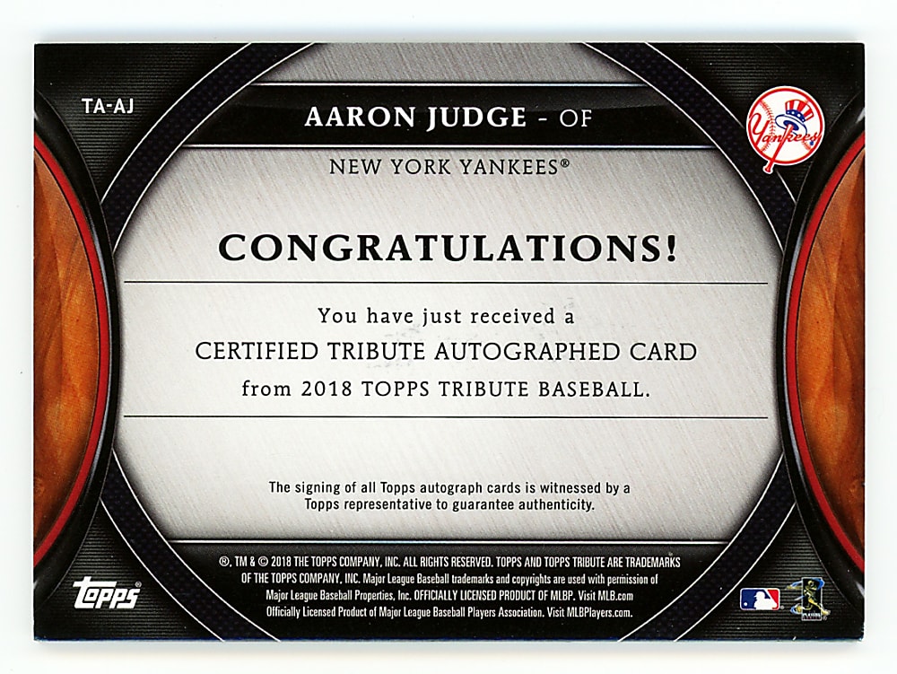 2018 Topps Tribute Aaron Judge Certified Autograph (Away Jersey) Pose Certified Autograph #/100