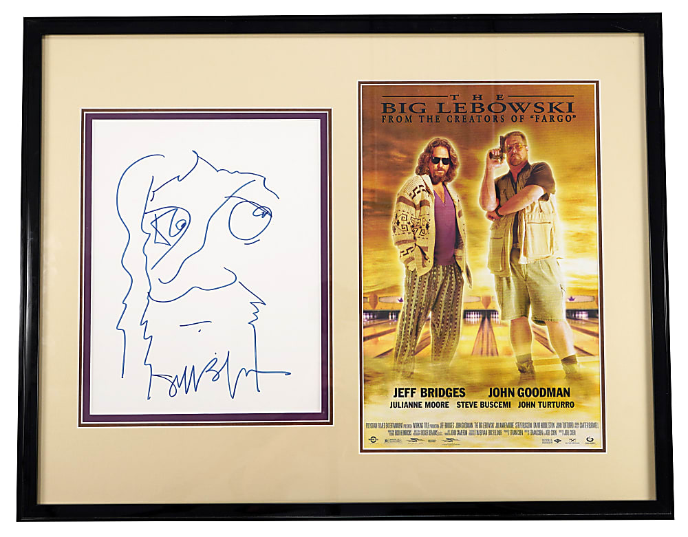The Big Lebowski Framed Display with Jeff Bridges Signed 10” x 13” “The Dude” Sketch
