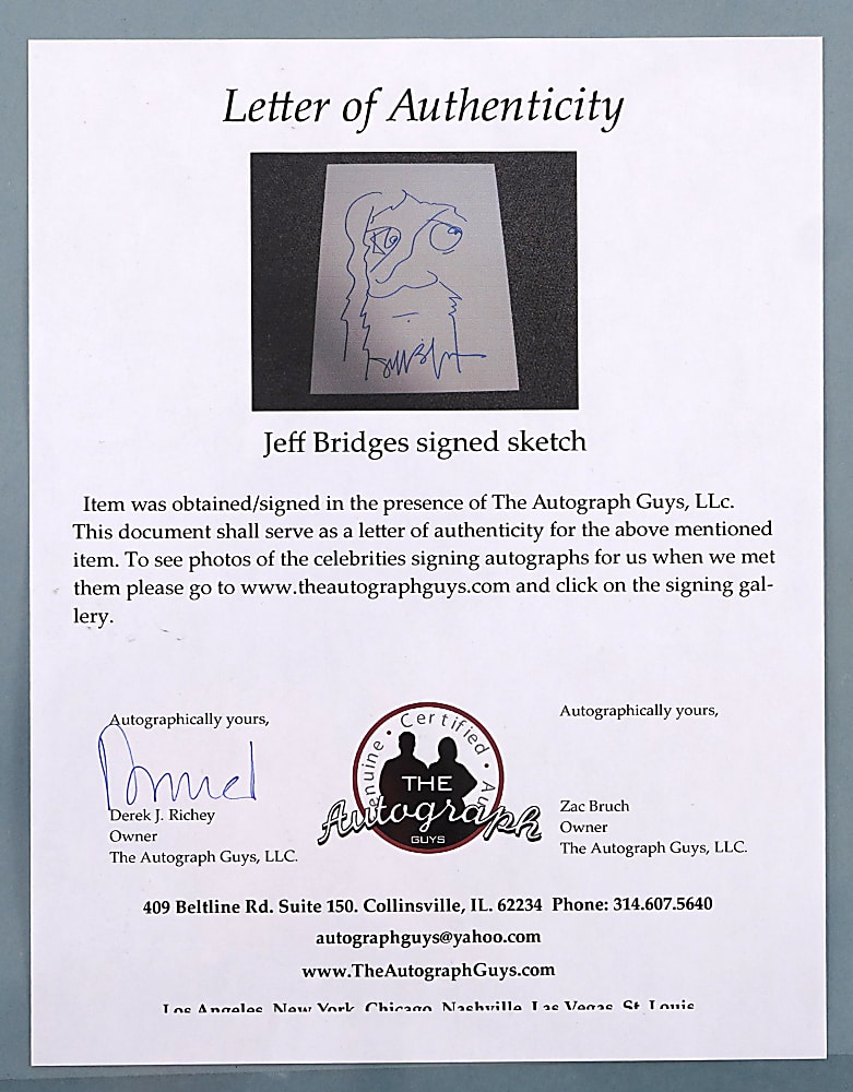 The Big Lebowski Framed Display with Jeff Bridges Signed 10” x 13” “The Dude” Sketch