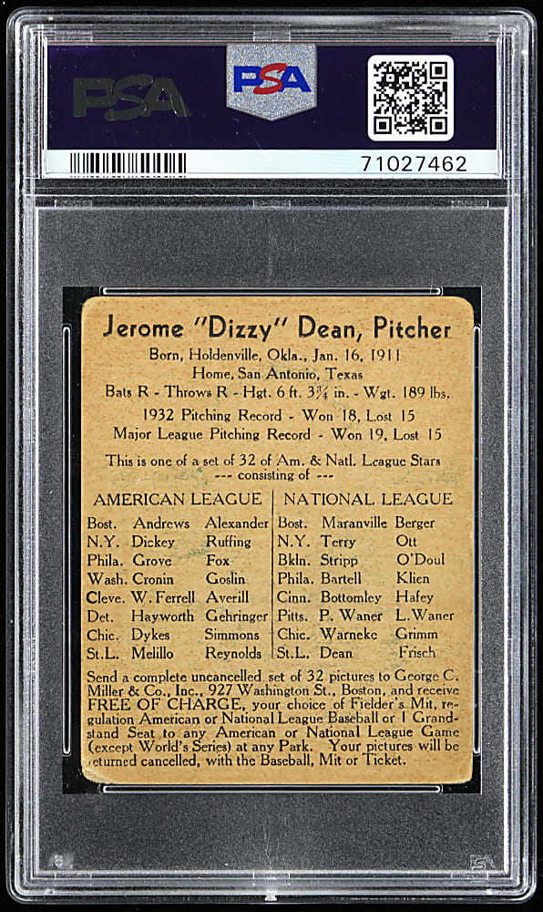 1933 George C. Miller Jerome "Dizzy" Dean PSA FAIR 1.5