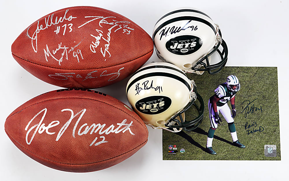 New York Jets Steiner Authenticated Collection (7) with Joe Namath Football & (2) New York Sack Exchange Items