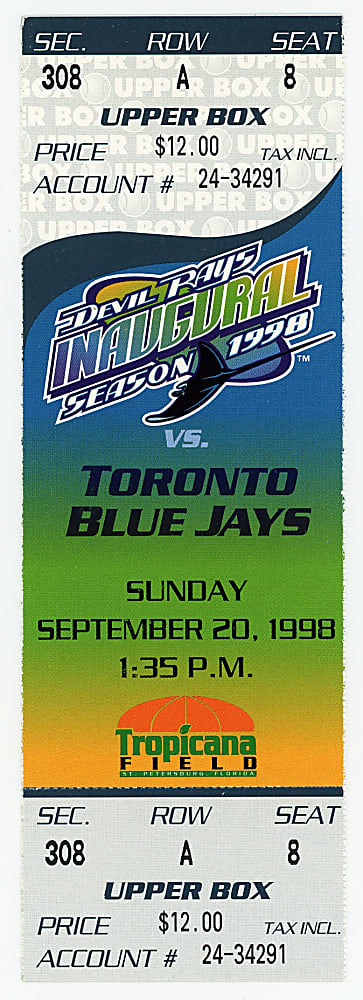 September 20th, 1998 Toronto Blue Jays vs. Tampa Bay Devil Rays Roy Halladay MLB Debut Full Ticket