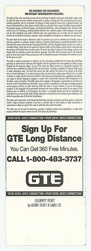 September 20th, 1998 Toronto Blue Jays vs. Tampa Bay Devil Rays Roy Halladay MLB Debut Full Ticket