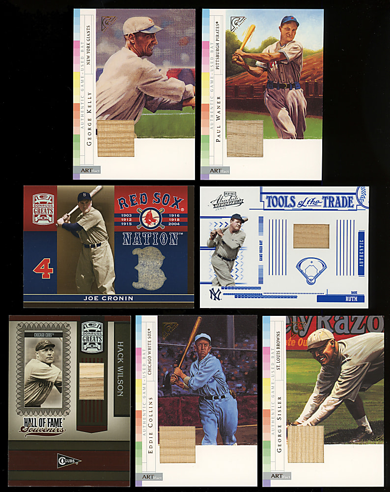 2003-2005 Pre-War Hall of Fame Game-Used Relics (7) with 2005 2005 Playoff Absolute Memorabilia Tools of the Trade Babe Ruth Bat #/250