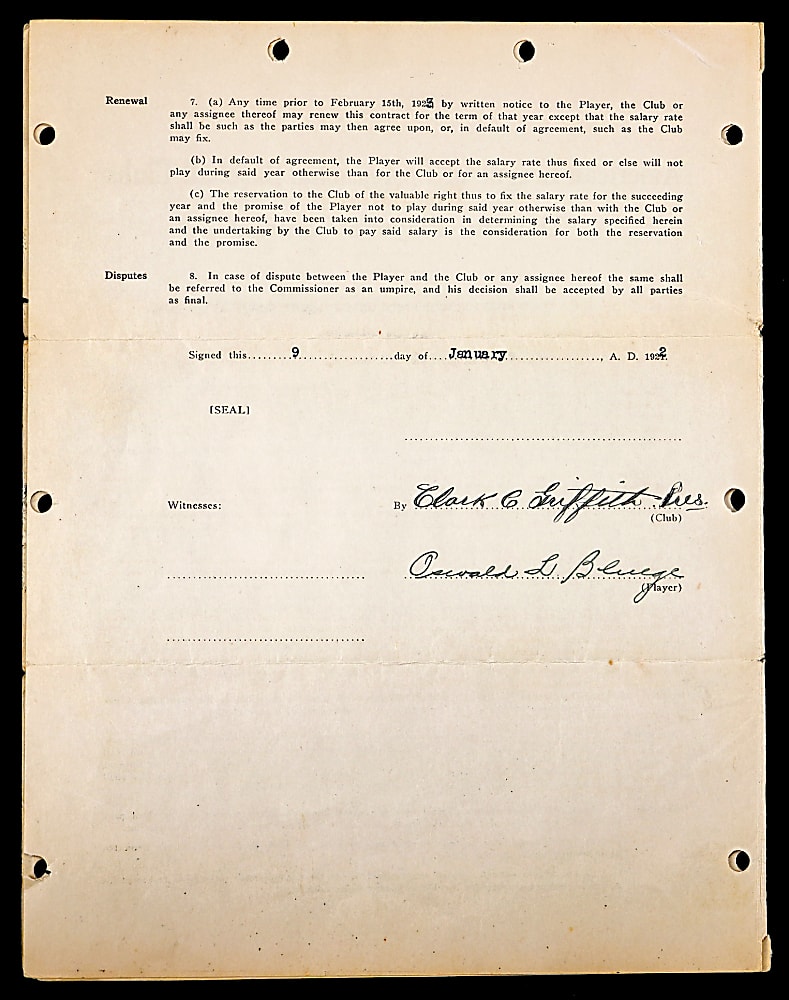 1922 Ossie Bluege & Clark Griffith Dual-Signed Uniform Player's Contract