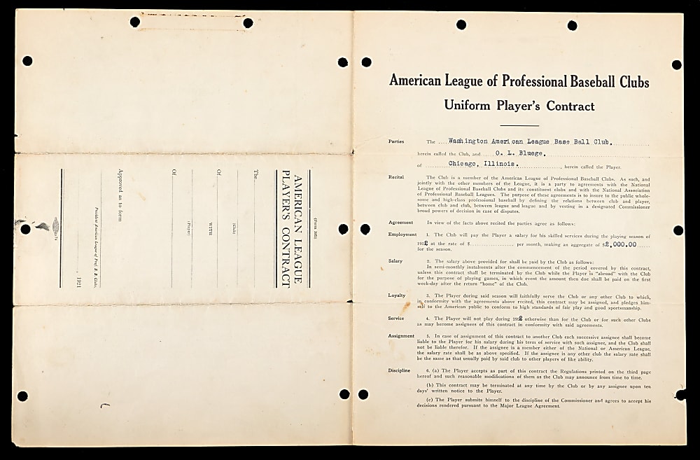 1922 Ossie Bluege & Clark Griffith Dual-Signed Uniform Player's Contract