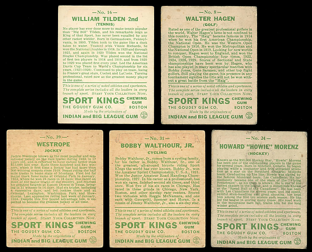 1933 R338 Sport Kings Gum Group (5) with Hagen, Morenz & Tilden