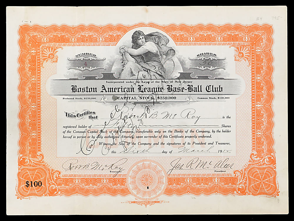 1912 Boston Red Sox Stock Certificate Signed by Owners Jimmy McAleer, Joseph Lannin & Treasurer Robert McRoy (3x)