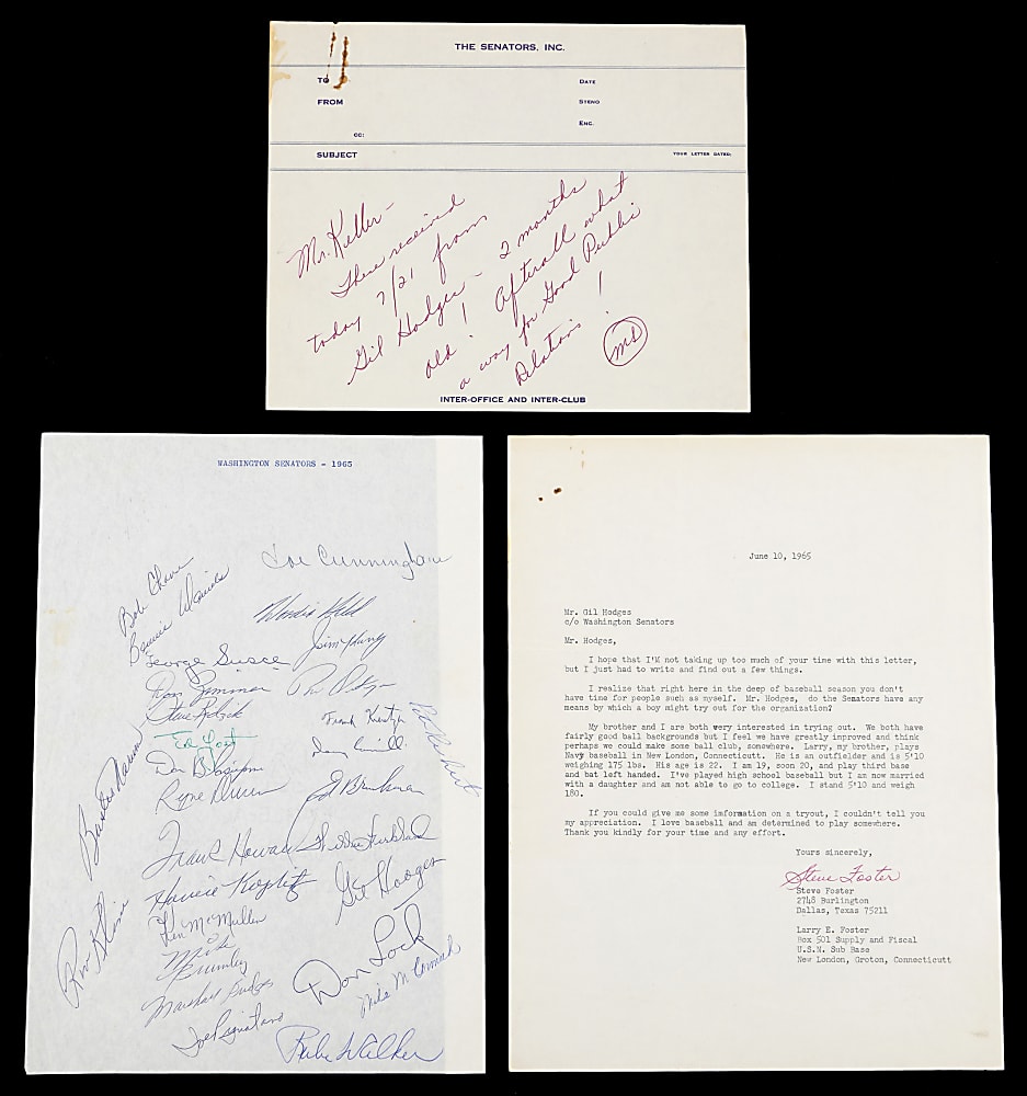1965 Washington Senators Team-Sheet Signed by (29) with Gil Hodges & Frank Howard, Plus Period Ephemera