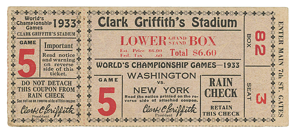 1933 World Series Game 5 New York Giants at Washington Nationals Ticket Stub - Clean