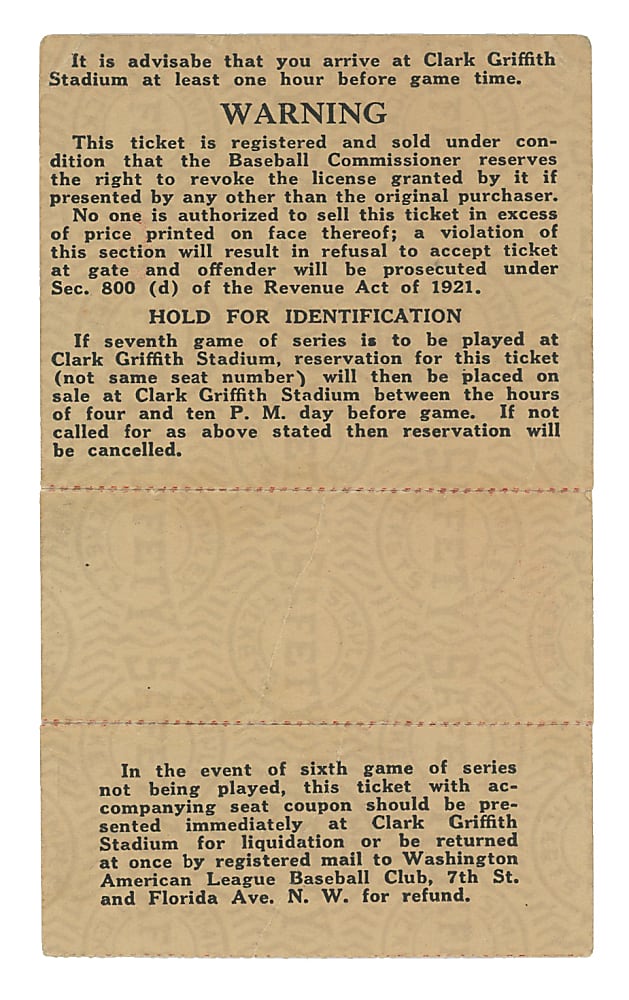 1924 World Series Game 6 New York Giants at Washington Nationals Ticket