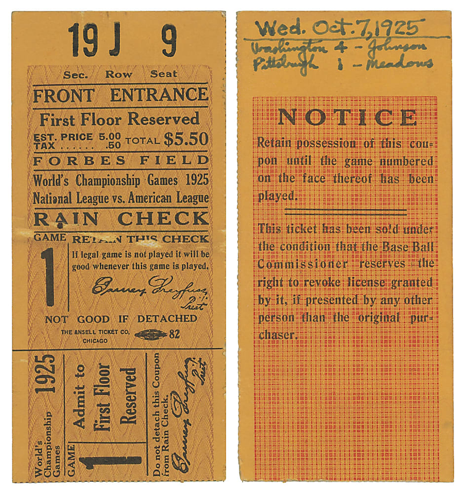 1925 World Series Game 1 Washington Senators at Pittsburgh Pirates Ticket Stub - Walter Johnson Win