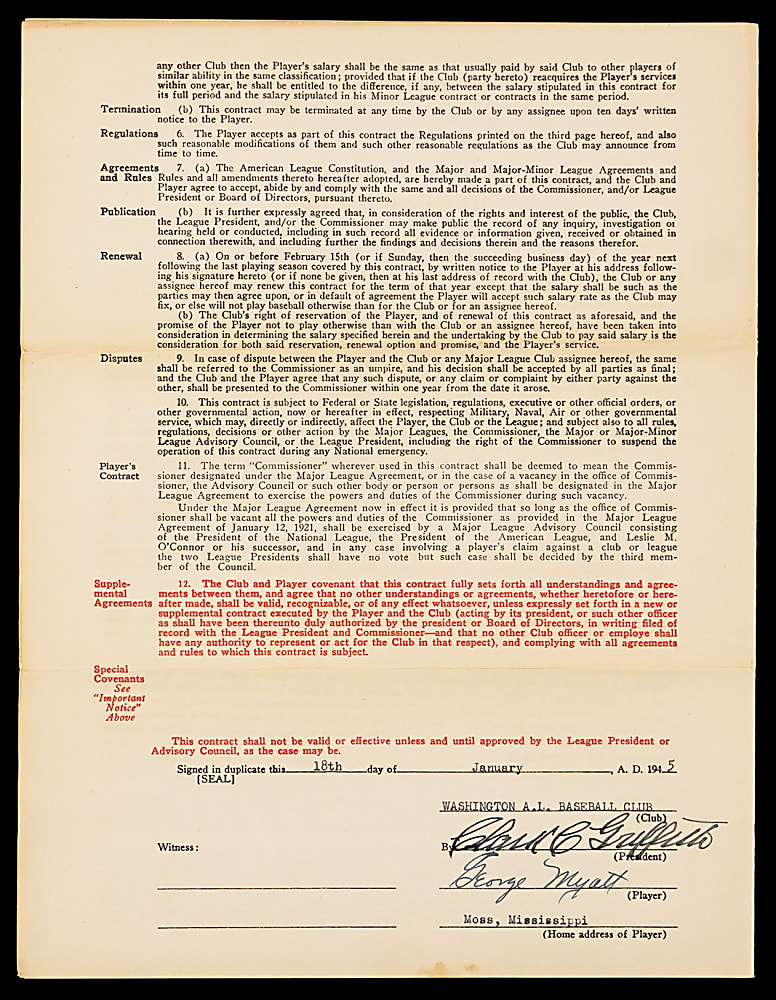 1945 George Myatt, Clark Griffith & William Harridge Signed Uniform Player's Contract