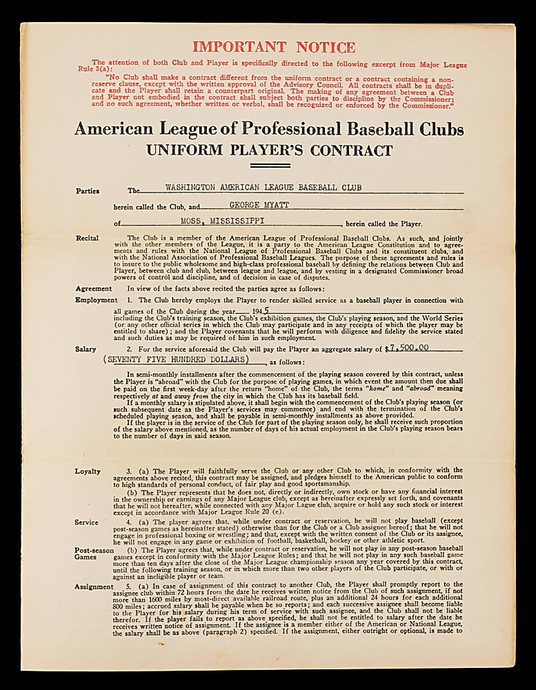 1945 George Myatt, Clark Griffith & William Harridge Signed Uniform Player's Contract