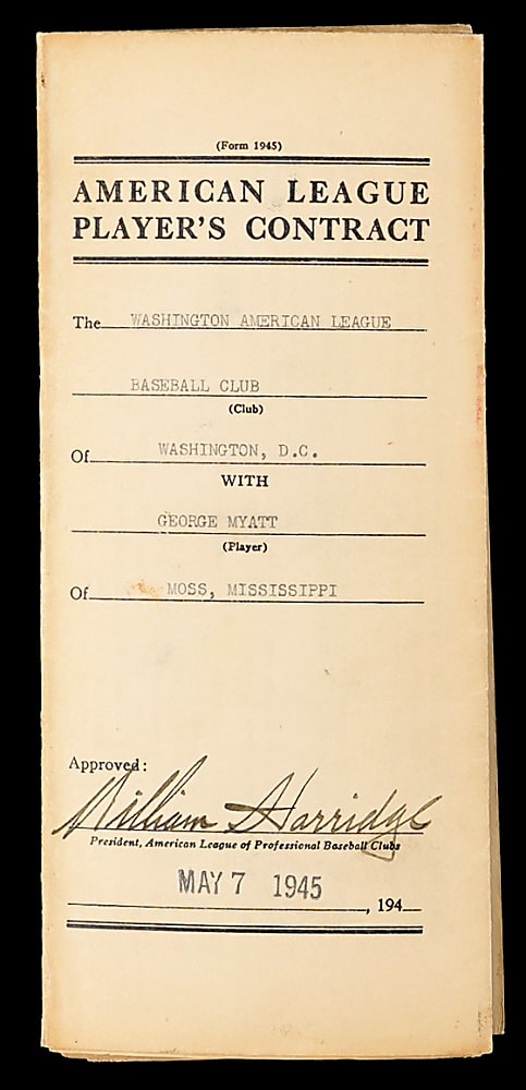 1945 George Myatt, Clark Griffith & William Harridge Signed Uniform Player's Contract