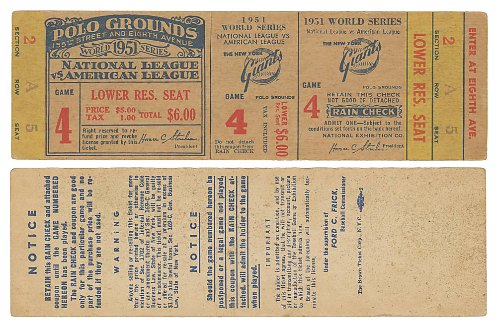 1951 World Series Game 4 New York Yankees at New York Giants Full Unused Ticket - DiMaggio Last World Series Homer/Mantle & Mays First World Series
