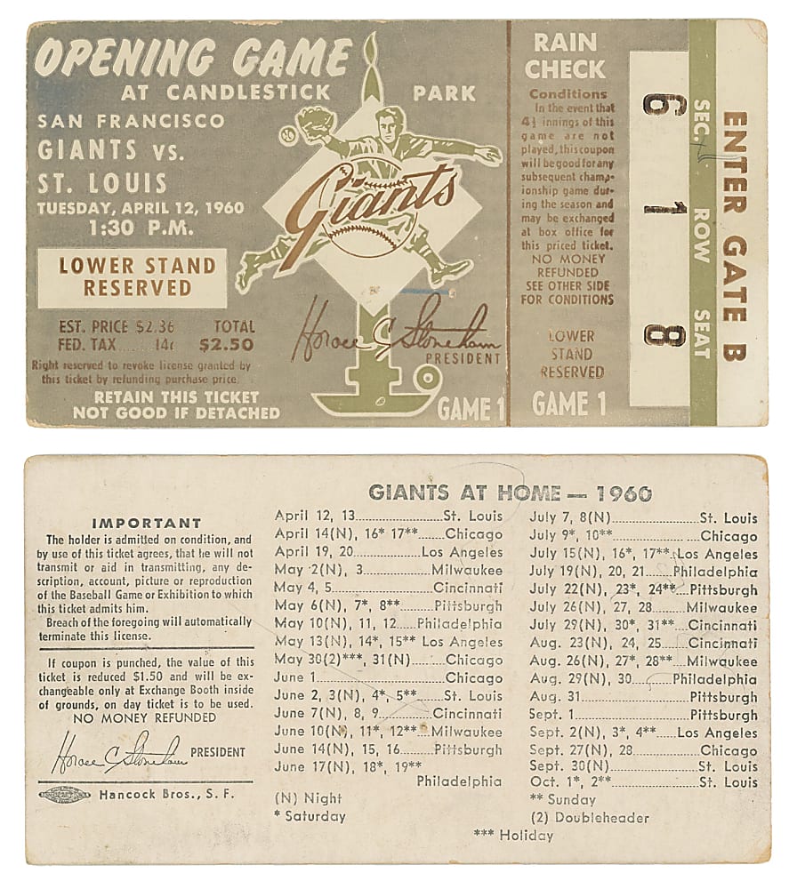 April 12, 1960 St. Louis Cardinals at San Francisco Giants Ticket Stub - First Game at Candlestick Park