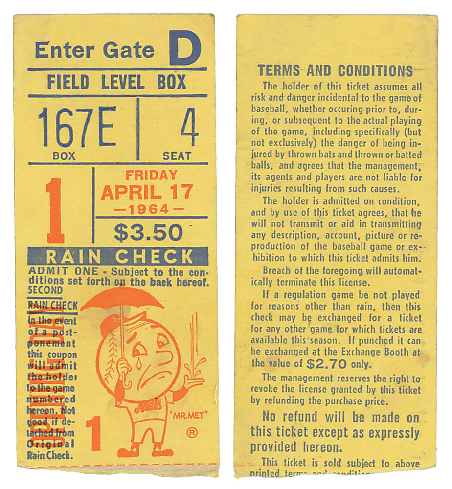 April 17th, 1964 New York Mets vs. Pittsburgh Pirates Opening Day Ticket Stub - First Game at Shea Stadium