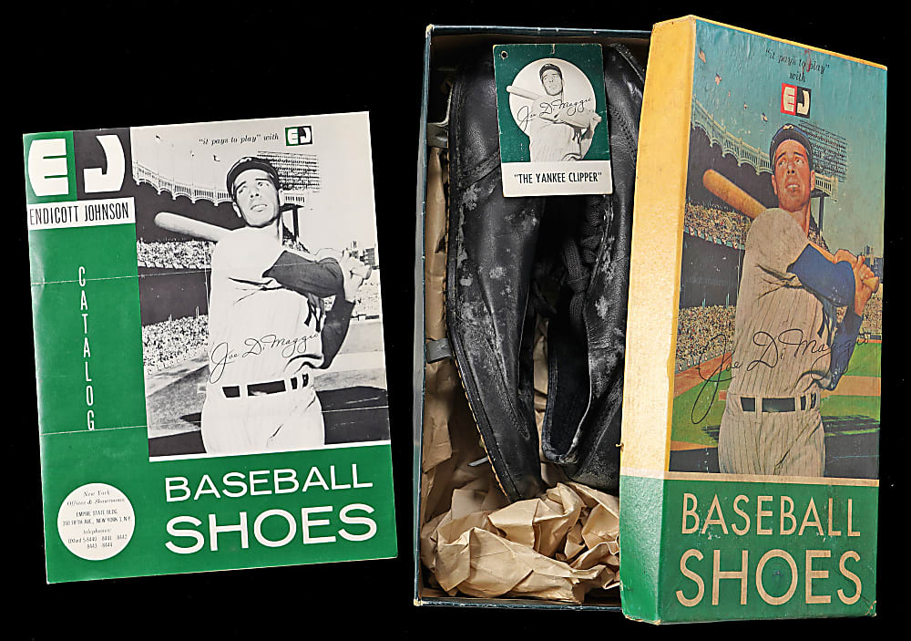1950s Joe DiMaggio Baseball Shoes in Original Box with Rare Salesman's Sample Catalog & Hang Tag
