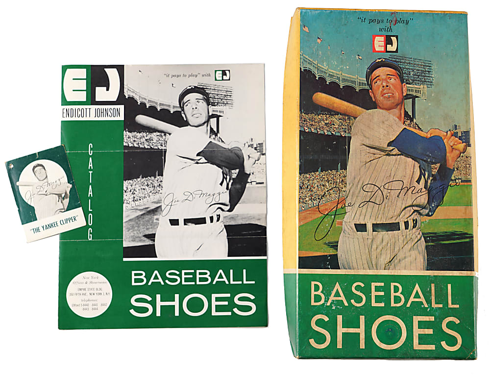 1950s Joe DiMaggio Baseball Shoes in Original Box with Rare Salesman's Sample Catalog & Hang Tag