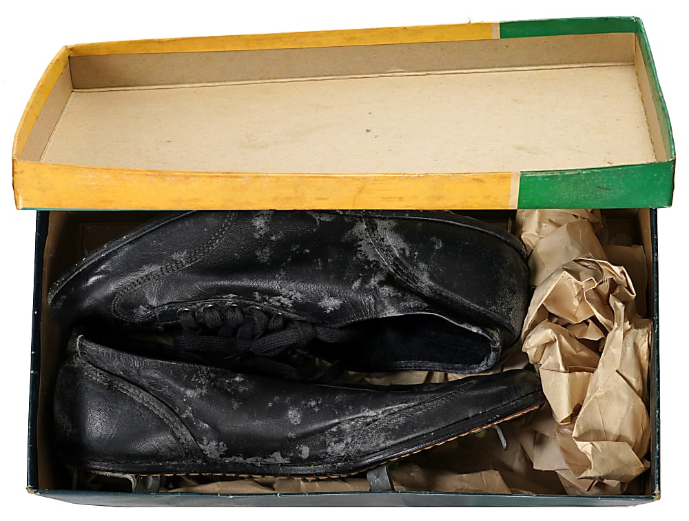 1950s Joe DiMaggio Baseball Shoes in Original Box with Rare Salesman's Sample Catalog & Hang Tag