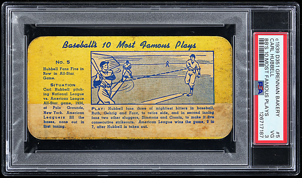 Circa 1939 D351 Grennan Bakery Baseball's 10 Most Famous Plays #5 Carl Hubbell PSA VG 3 - Newly Discovered, Population 1 of 1