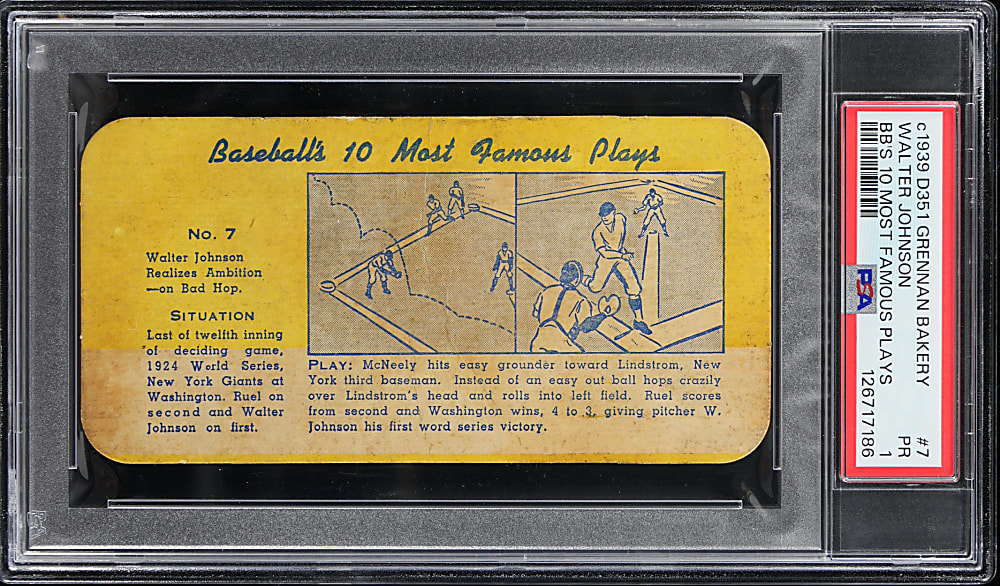 Circa 1939 D351 Grennan Bakery Baseball's 10 Most Famous Plays #7 Walter Johnson PSA POOR 1 - Newly Discovered, Population 1 of 1