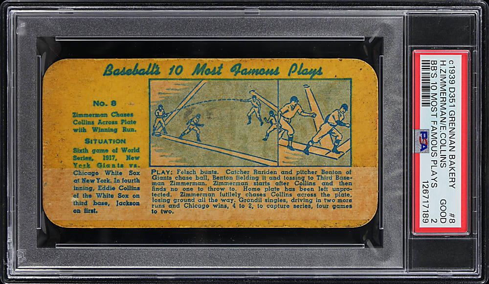 Circa 1939 D351 Grennan Bakery Baseball's 10 Most Famous Plays #8 Heinie Zimmerman/Eddie Collins PSA GOOD 2 - Newly Discovered, Population 1 of 1