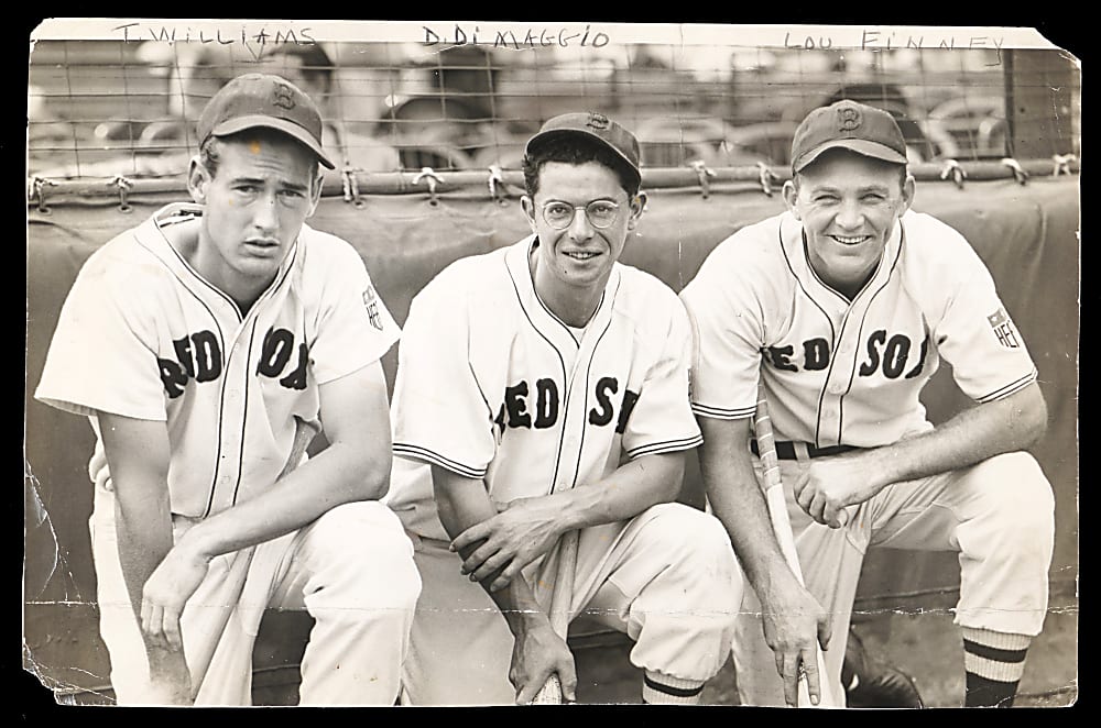 1942 Boston Red Sox Outfield 9x14 Photograph with Ted Williams, Dom DiMaggio & Lou Finney