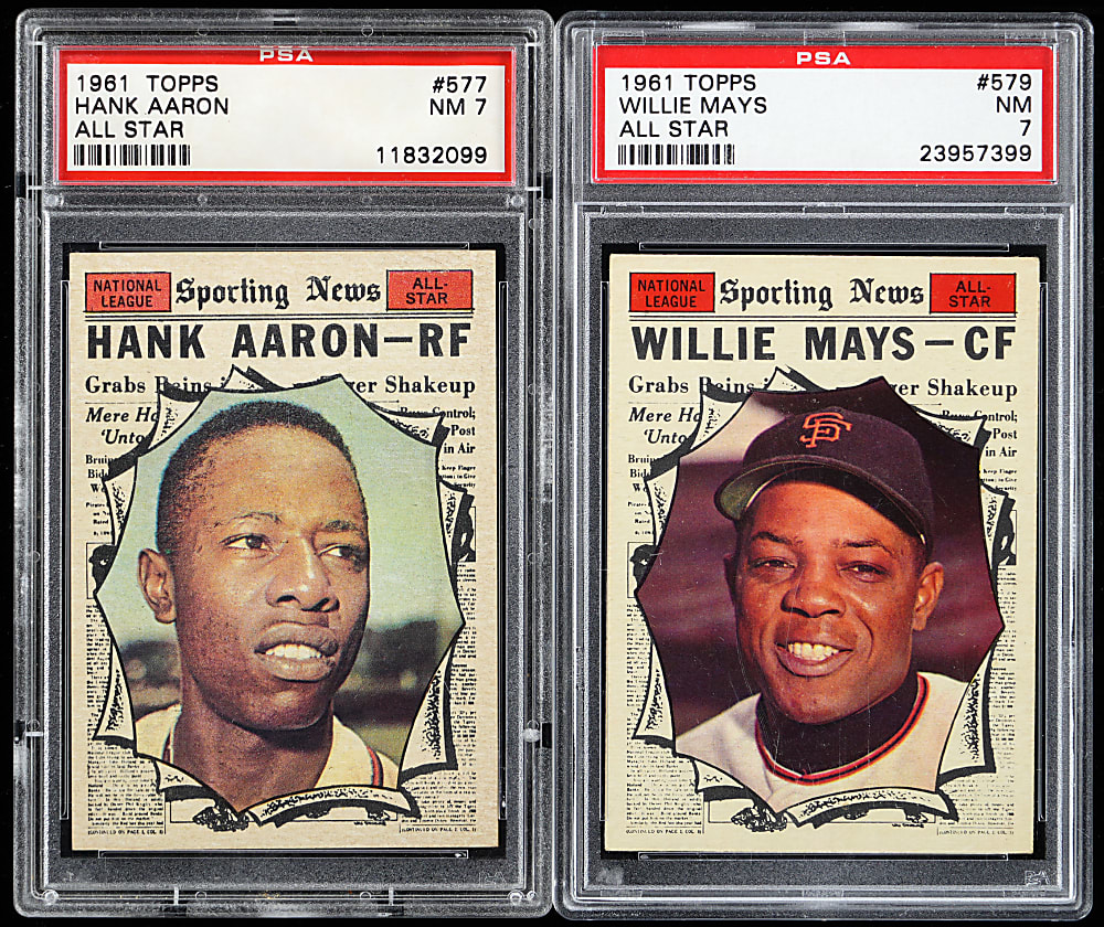 1961 Topps #577 Hank Aaron All-Star & #579 Willie Mays All-Star PSA NM 7 Graded Pair