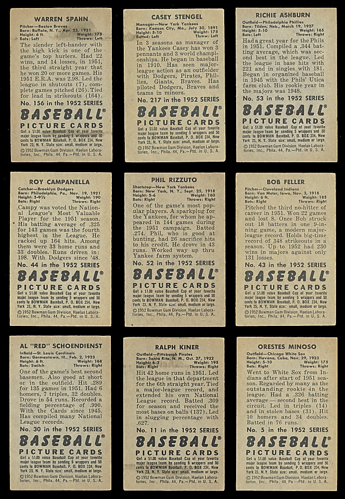 1952 Bowman Partial Set (135/252) with (10) Hall of Famers