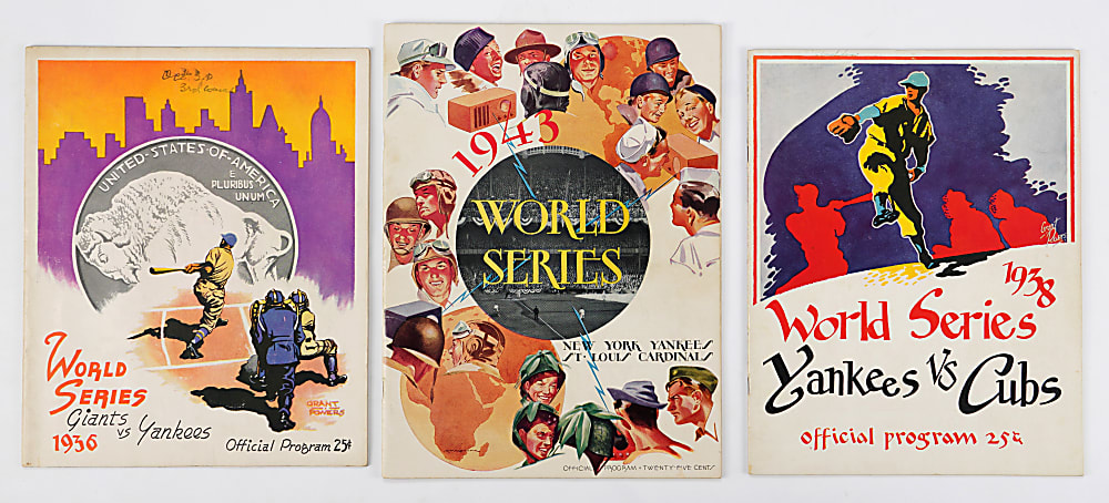 1936, 1938 & 1943 World Series New York Yankees Program Trio with 1936 Lou Gehrig Home Run