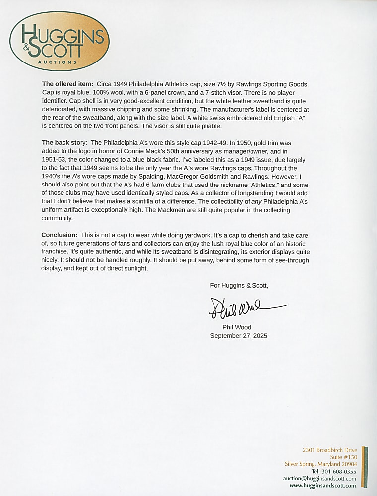 1949 Philadelphia Athletics Game-Used Cap with Phil Wood LOA - Tougher Style